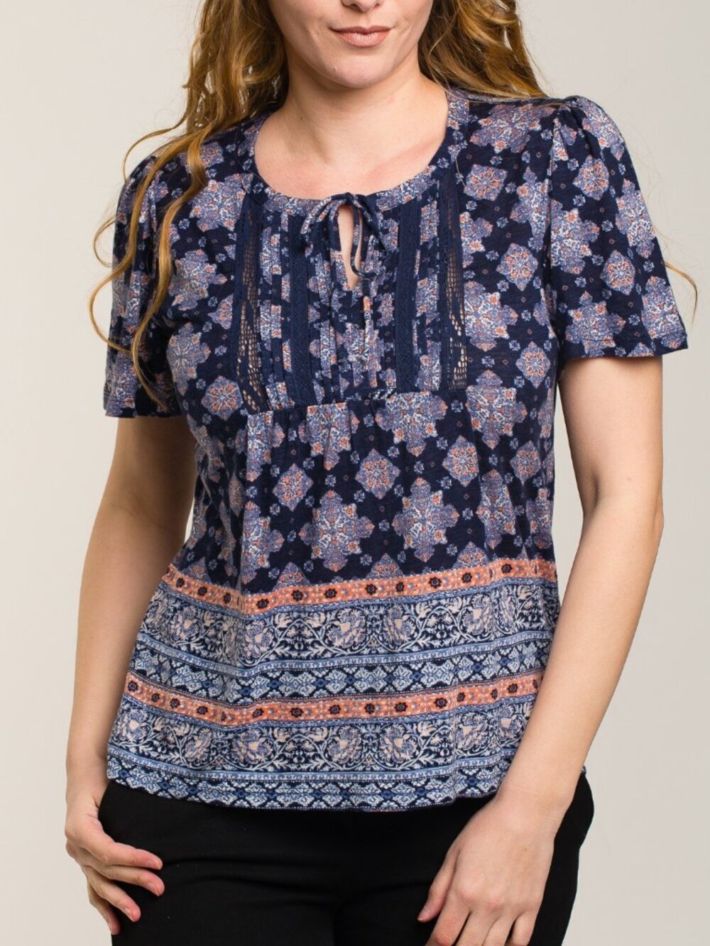 Lucky Brand Navy And Coral Top With Lace Inserts